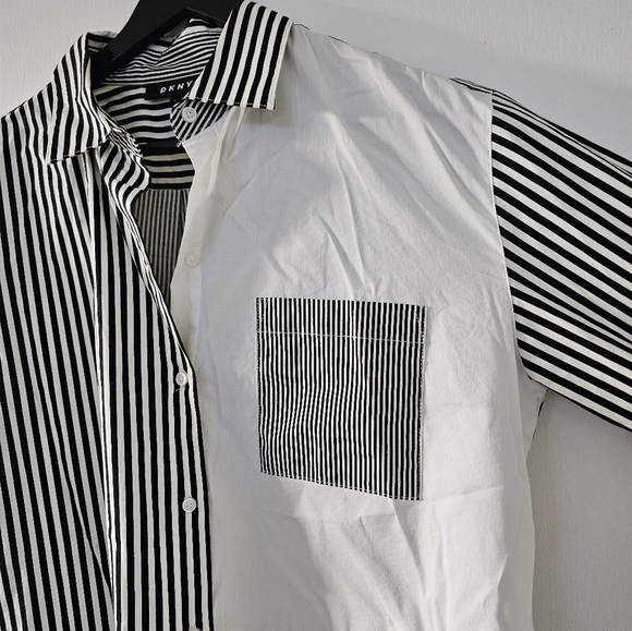 DKNY | Black & White Stripe Color-Block Button-Up - Picture 5 of 8